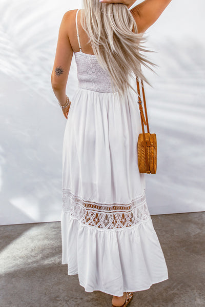 White Lace Splice Button Decor Spaghetti Strap Maxi Dress-Dresses-MomFashion