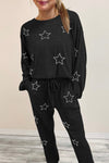 Black Stars Print Long Sleeve Drawstring High Waist Lounge Set-Loungewear-MomFashion