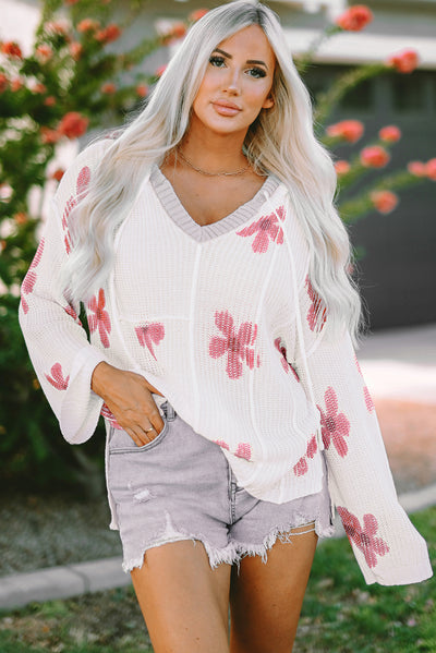 White Floral Print Lightweight Knit Hooded Sweater-Tops-MomFashion