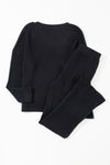 Black Ribbed Knit V Neck Slouchy Two-piece Outfit-Loungewear-MomFashion