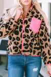 Leopard Colorblock Pocket Zipper Fuzzy Fleece Jacket-Outerwear-MomFashion