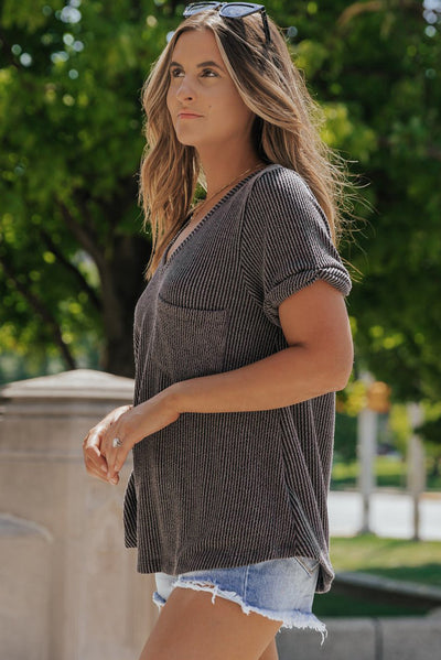 Carbon Grey Twist Short Sleeve Corded V Neck Top-Tops-MomFashion