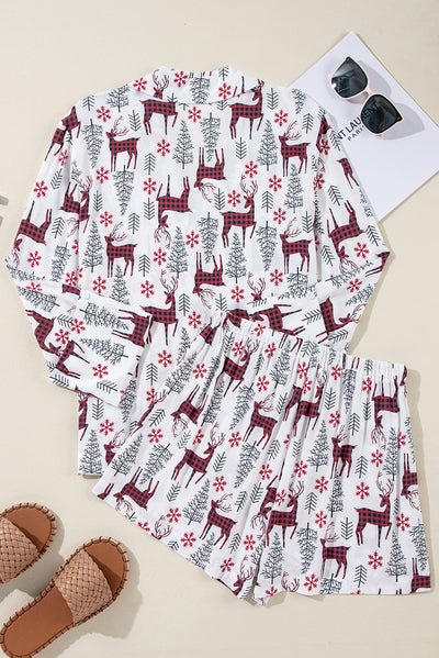 White Christmas Deer Printed Shirt and Shorts Lounge Set-Loungewear & Sleepwear/Sleepwear-MomFashion