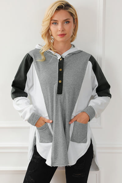 Gray Color Block Exposed Seam Buttoned Neckline Hoodie-Tops-MomFashion