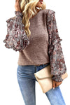 Pale Chestnut Ruffle Tiered Floral Sleeve Crew Neck Blouse-Tops-MomFashion