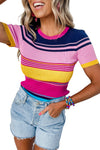 Pink Mixed Stripes Ribbed Knit Top-Tops-MomFashion