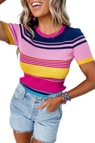 Pink Mixed Stripes Ribbed Knit Top-Tops-MomFashion