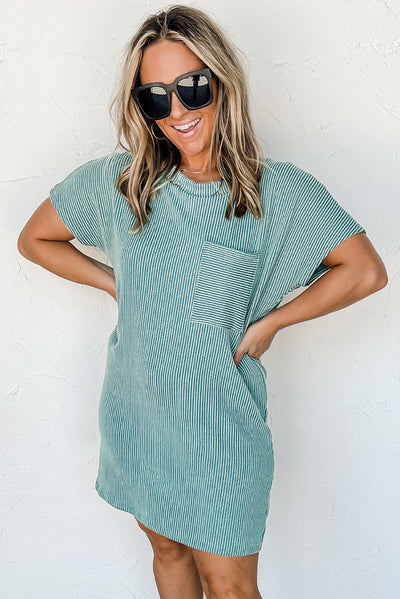 Blue Striped Ribbed Knit T-shirt Shift Dress-Dresses-MomFashion