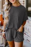 Carbon Grey Ribbed Textured Knit Loose Fit Tee and Shorts Set-Two Piece Sets/Short Sets-MomFashion