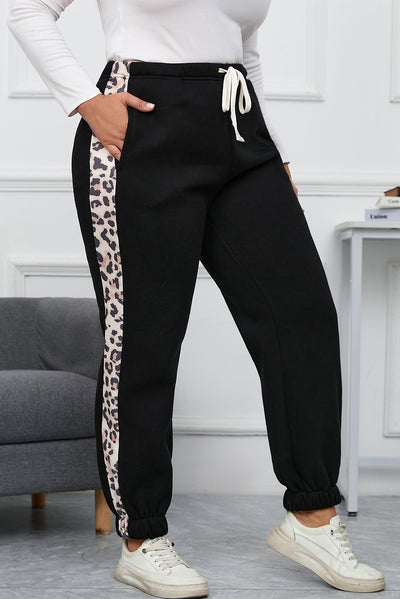 Black Plus Size Contrast Leopard Side Panel Joggers-Plus Size-MomFashion