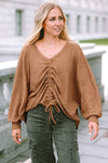 Brown V-Neck Drawstring Dolman Sleeve Waffle Knit Top-Tops-MomFashion