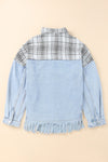 Sky Blue Plaid Patchwork Fringed Flap Pockets Denim Jacket-Outerwear-MomFashion