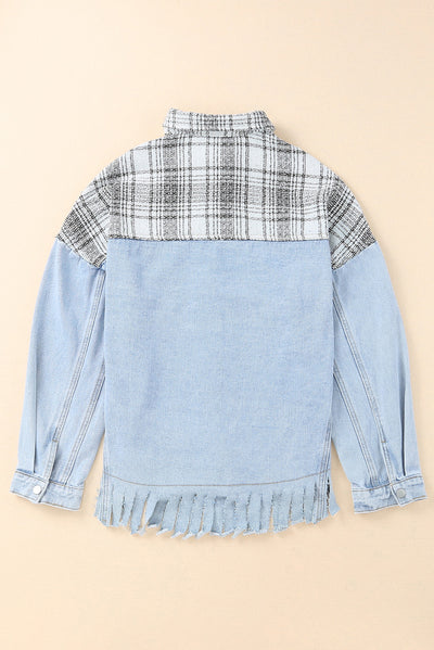 Sky Blue Plaid Patchwork Fringed Flap Pockets Denim Jacket-Outerwear-MomFashion