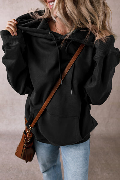 Black Fleece Lined Kangaroo Pocket Drawstring Chunky Hoodie-Tops/Sweatshirts & Hoodies-MomFashion