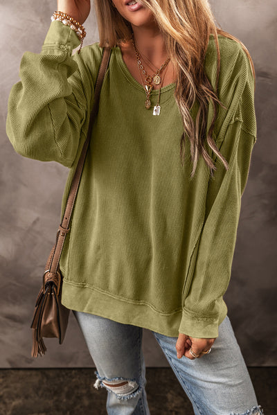 Jungle Green Textured Seamed Drop Sleeve Sweatshirt-Tops-MomFashion