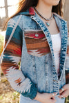 Multicolor Aztec Print Frayed Hem Denim Jacket-Outerwear-MomFashion