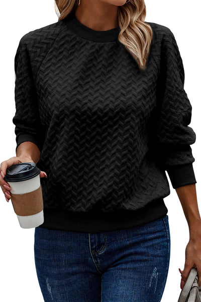 Black Solid Textured Raglan Sleeve Pullover Sweatshirt-Tops-MomFashion