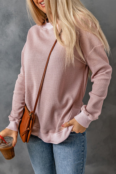 Pink Crew Neck Ribbed Trim Waffle Knit Top-Tops-MomFashion