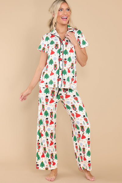 White Printed Christmas Pattern Buttoned Two Piece Sleepwear-Loungewear-MomFashion