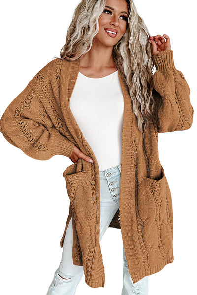 Khaki Ribbed Trim Eyelet Cable Knit Cardigan-Tops-MomFashion