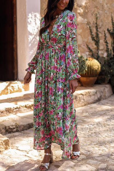 Green Floral Print Deep V Neck Ruched Cinched Waist Maxi Dress-Dresses-MomFashion