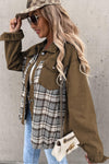 Brown Plaid Patchwork Pockets Denim Jacket-Outerwear-MomFashion