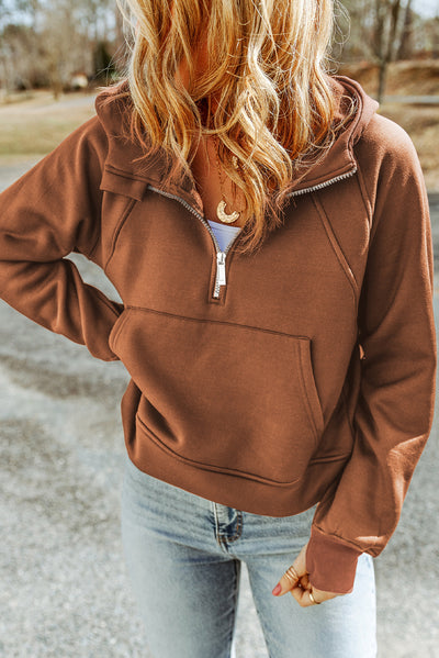 Brown Quarter Zip Kangaroo Pocket Hoodie-Tops-MomFashion