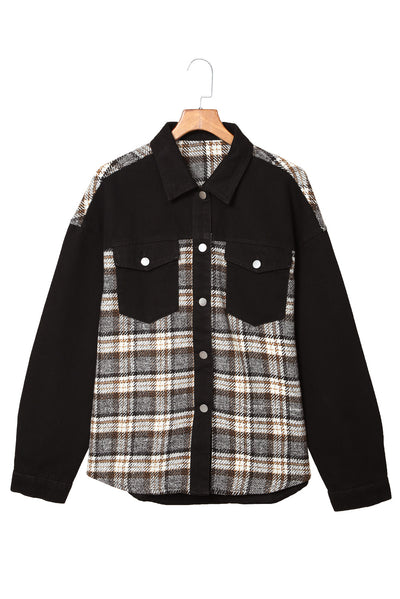 Black Plaid Patchwork Raw Hem Denim Jacket-Outerwear-MomFashion