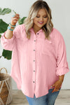 Pink Flap Pocket Tab Sleeve Button-Down Plus Size Shirt-Plus Size-MomFashion