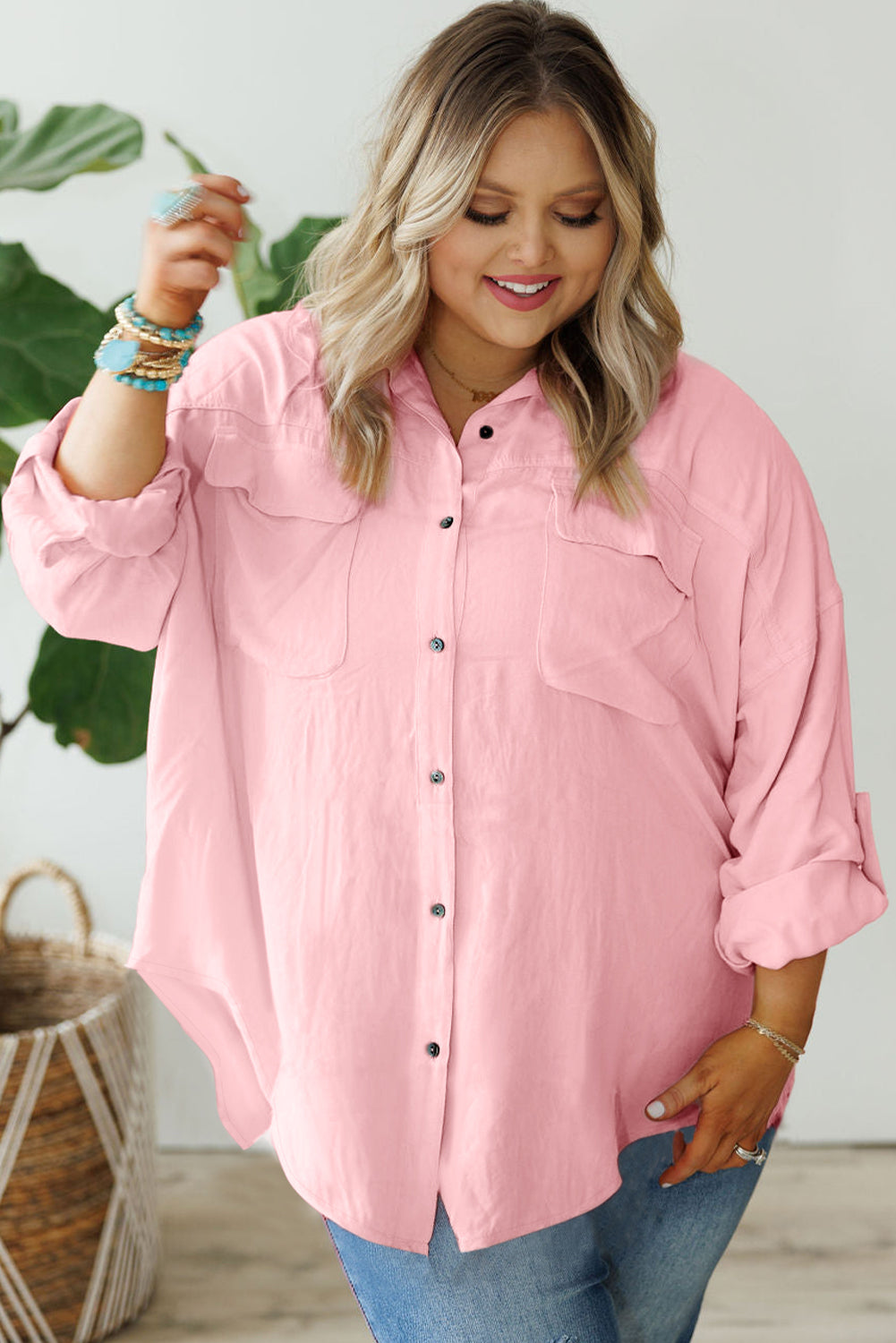 Pink Flap Pocket Tab Sleeve Button-Down Plus Size Shirt-Plus Size-MomFashion