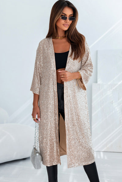 Apricot Sequin 3/4 Sleeve Open Front Duster Kimono-Outerwear-MomFashion