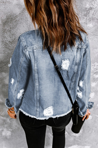 Sky Blue Lapel Distressed Raw Hem Buttons Denim Jacket-Outerwear-MomFashion