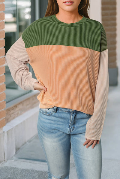 Green Color Block Long Sleeve Ribbed Loose Top-Tops-MomFashion