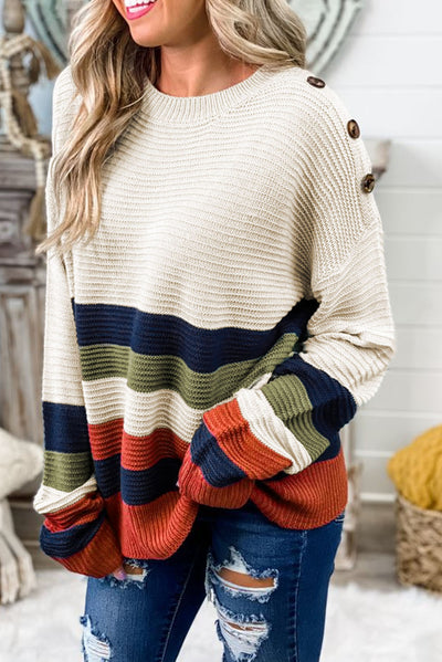 White Buttoned Shoulder Drop Shoulder Striped Sweater-Tops-MomFashion