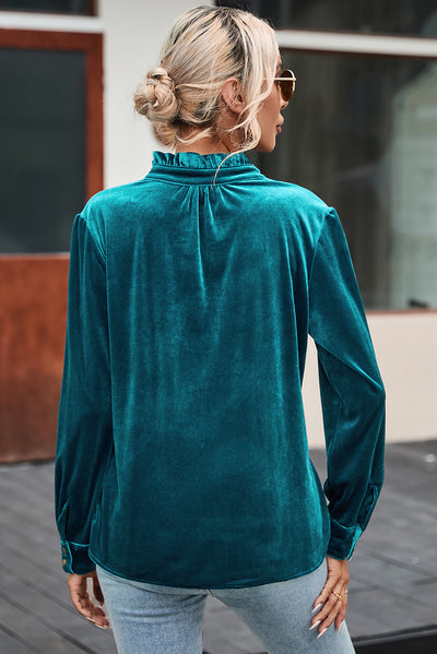 Green Frilled Neck Buttoned Front Velvet Top-Tops-MomFashion