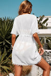 White Deep V Neck Pom Pom Beach Tunic-Swimwear-MomFashion