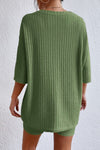 Green Plain Ribbed Loose Fit Two Piece Lounge Set-Loungewear-MomFashion