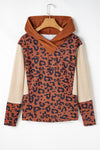 Brown Textured Knit Patchwork Leopard Hoodie-Tops-MomFashion