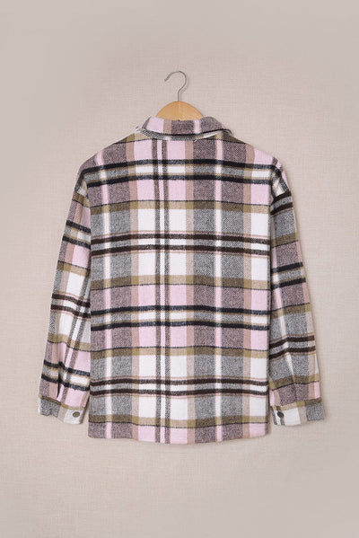 Pink Geometric Plaid Print Pocketed Shacket-Outerwear-MomFashion