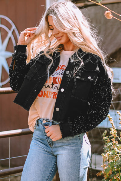 Black Sequin Sleeve Pocketed Raw Hem Denim Jacket-Outerwear-MomFashion