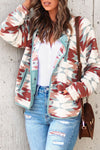 Fiery Red Western Aztec Buttoned Zipper Pockets Fleece Jacket-Outerwear-MomFashion