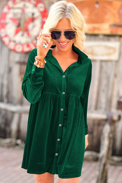 Green Long Sleeve Ruffle Velvet Button Up Dress-Dresses-MomFashion