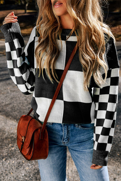 Black Checkered Print Drop Shoulder Sweater-Tops-MomFashion