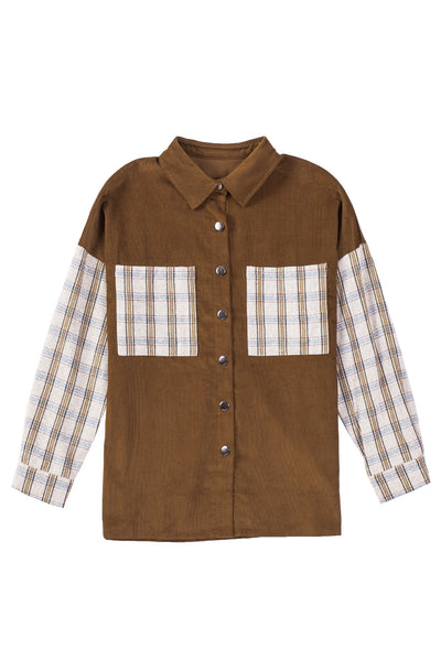 Brown Plaid Patchwork Corduroy Shirt Jacket with Pocket-Outerwear-MomFashion