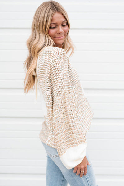 Oatmeal Mixed Pattern Knit Tie Keyhole Drop Shoulder Sweater-Tops-MomFashion