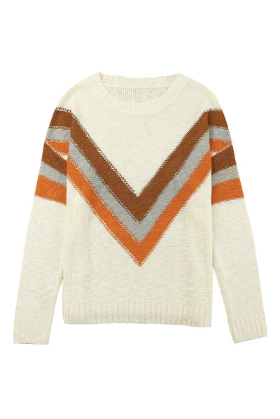 Beige Chevron Striped Drop Shoulder Sweater-Tops-MomFashion