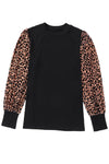 Black Leopard Print Long Sleeve Ribbed Knit Blouse-Tops-MomFashion