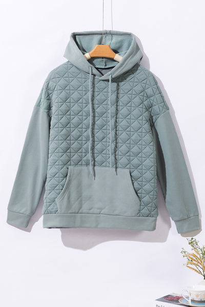 Light Grey Drop Shoulder Quilted Patchwork Kangaroo Pocket Hoodie-Tops-MomFashion