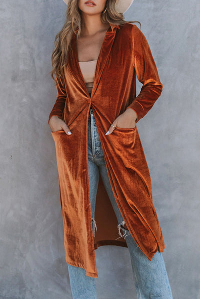 Brown Retro Velvet Long Sleeve Pocket Coat-Outerwear-MomFashion