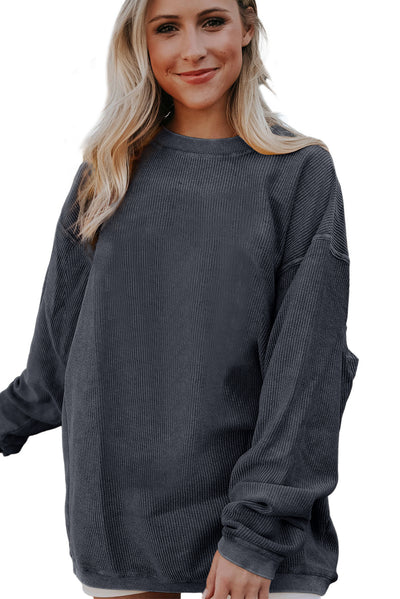 Dark Grey Ribbed Corded Oversized Sweatshirt-Tops-MomFashion